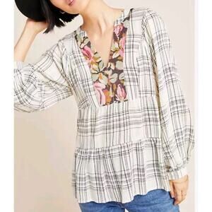 Anthropologie Top Wool Blend XS Darlene Plaid Peasant Blouse Floral Boho Hi Lo